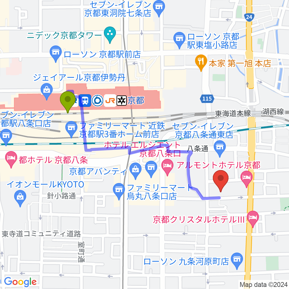 京都駅から京都スタジオウェーブへのルートマップ地図