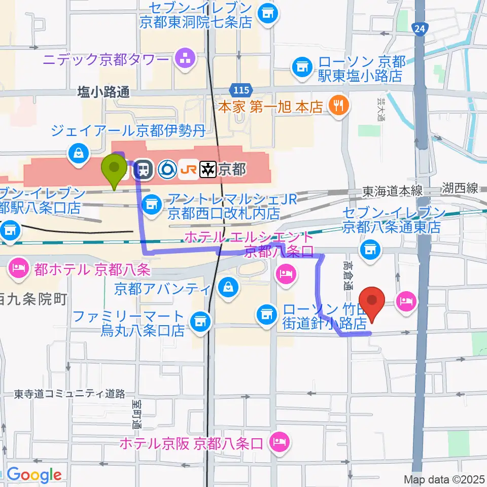 京都駅から京都スタジオウェーブへのルートマップ地図