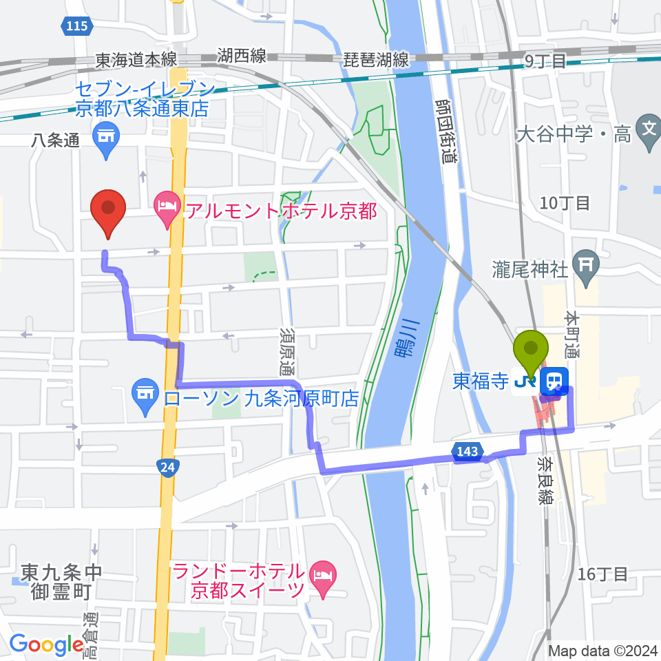 東福寺駅から京都スタジオウェーブへのルートマップ地図