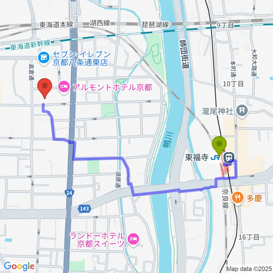 東福寺駅から京都スタジオウェーブへのルートマップ地図