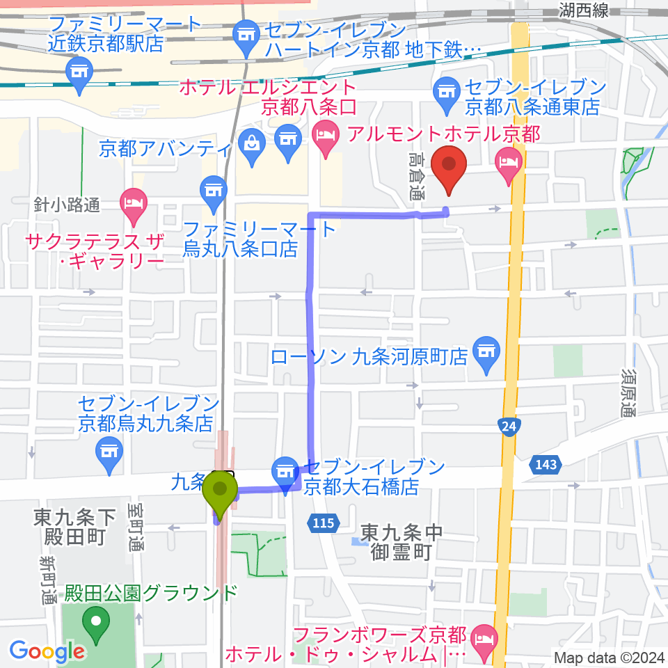 京都スタジオウェーブの最寄駅九条駅からの徒歩ルート（約9分）地図