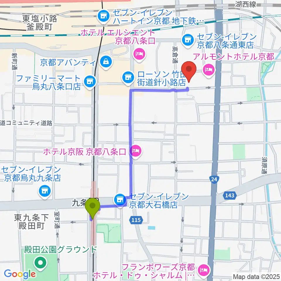 京都スタジオウェーブの最寄駅九条駅からの徒歩ルート（約9分）地図