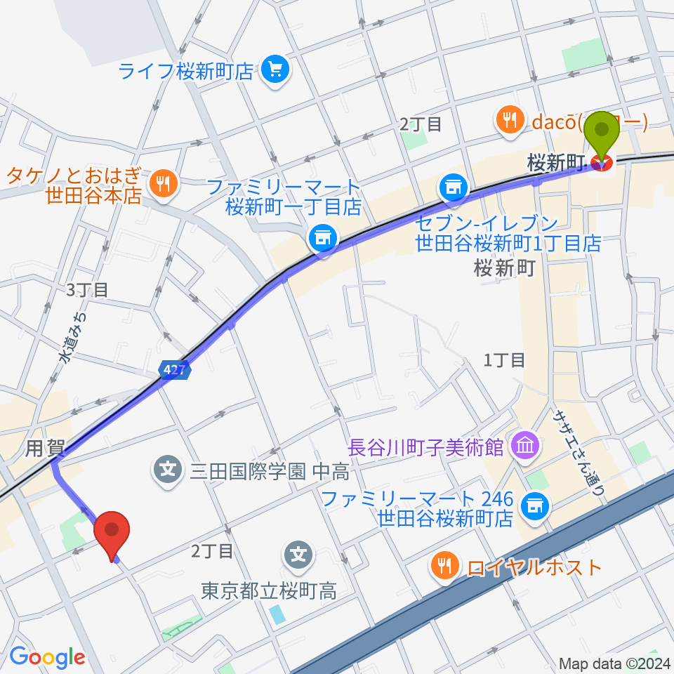 桜新町駅からキャロルリトミックスクールへのルートマップ地図