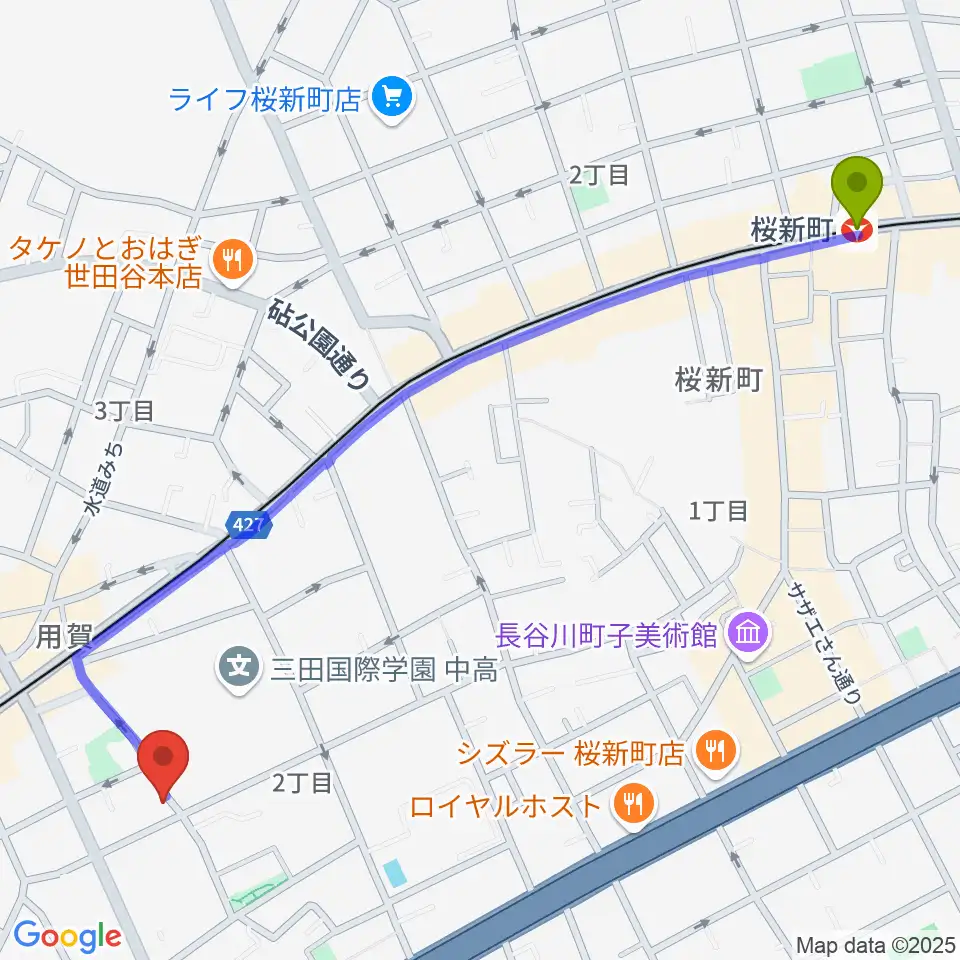 桜新町駅からキャロルリトミックスクールへのルートマップ地図