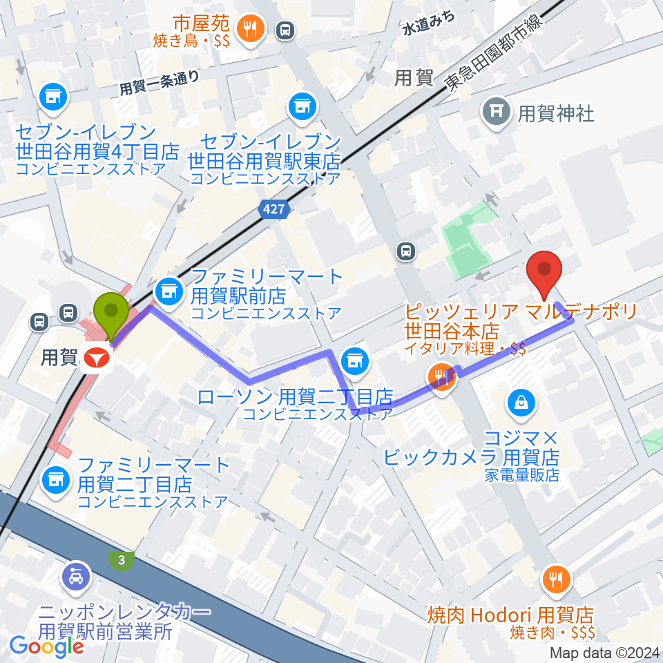 キャロルリトミックスクールの最寄駅用賀駅からの徒歩ルート（約5分）地図