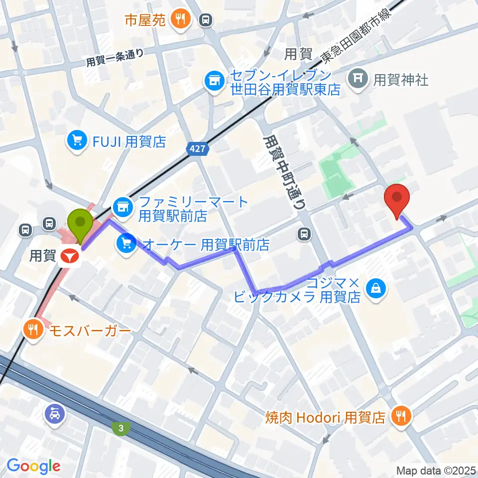 キャロルリトミックスクールの最寄駅用賀駅からの徒歩ルート（約5分）地図