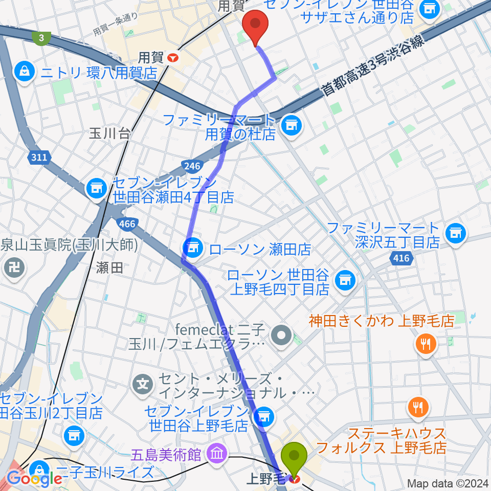 上野毛駅からキャロルリトミックスクールへのルートマップ地図