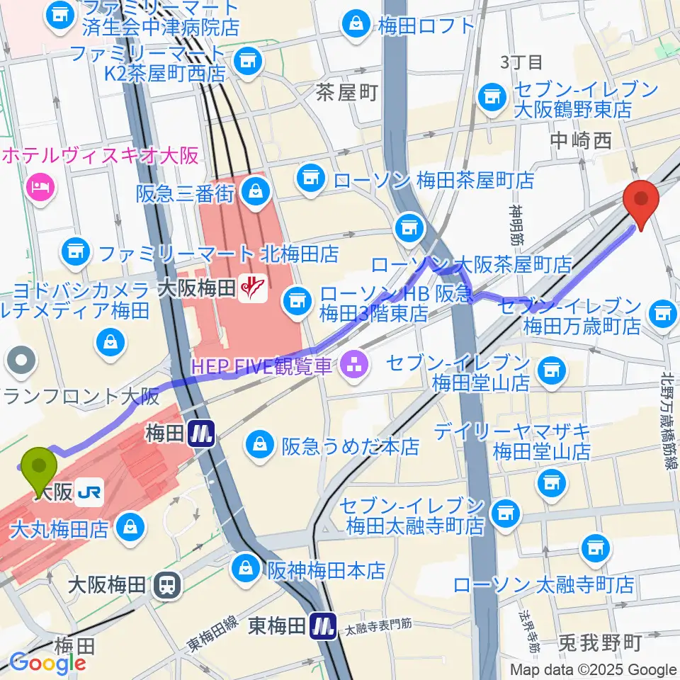 大阪駅からスタジオ246 OSAKAへのルートマップ地図