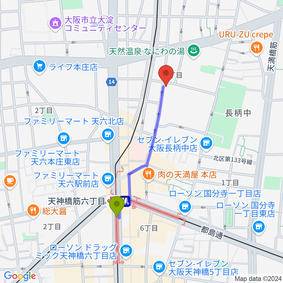 Studio246 GENの最寄駅天神橋筋六丁目駅からの徒歩ルート（約8分）地図