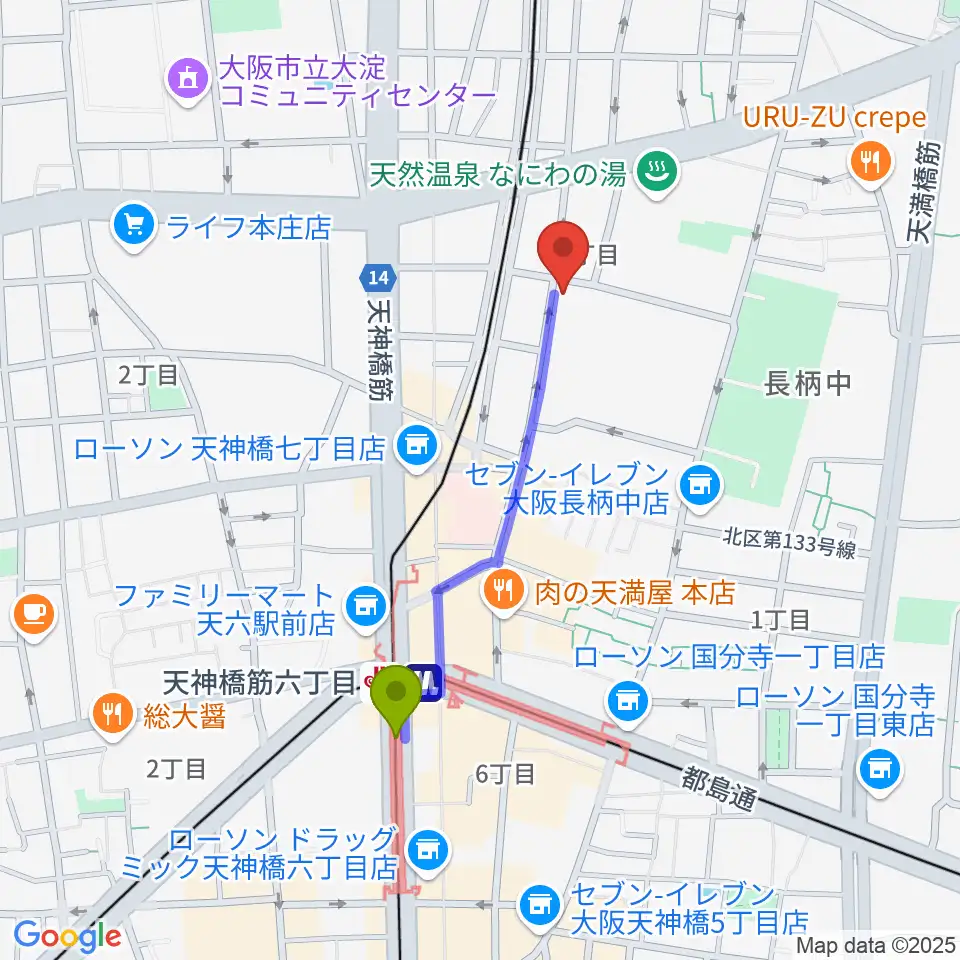 Studio246 GENの最寄駅天神橋筋六丁目駅からの徒歩ルート（約8分）地図