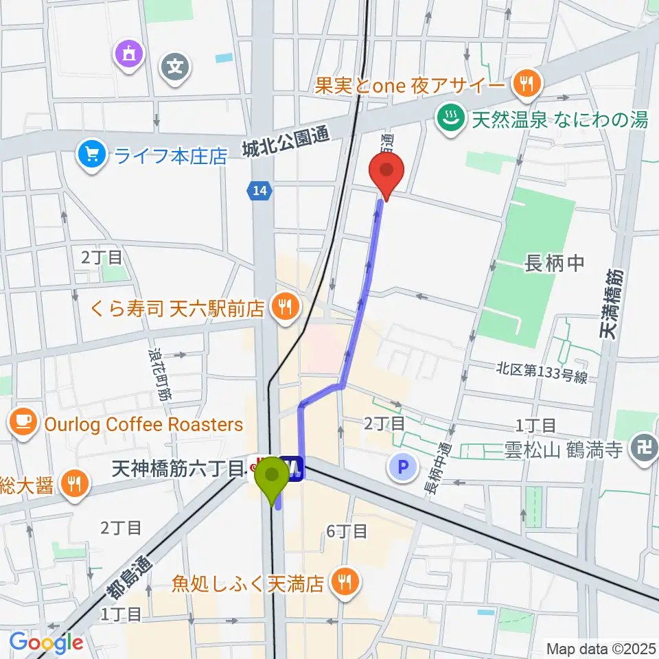 Studio246 GENの最寄駅天神橋筋六丁目駅からの徒歩ルート（約8分）地図