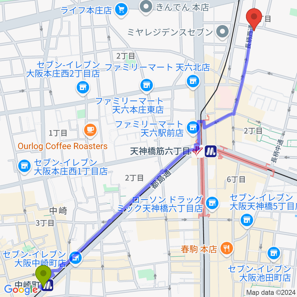 中崎町駅からStudio246 GENへのルートマップ地図