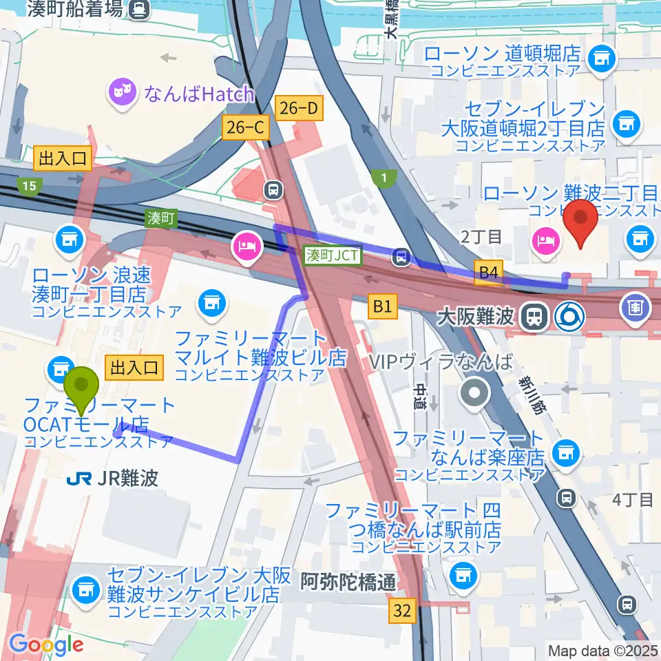 ＪＲ難波駅からスタジオ246なんばへのルートマップ地図