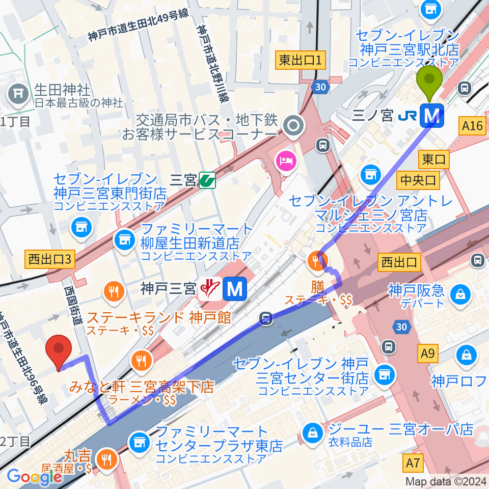 三ノ宮駅から三宮Studio246 WESTへのルートマップ地図