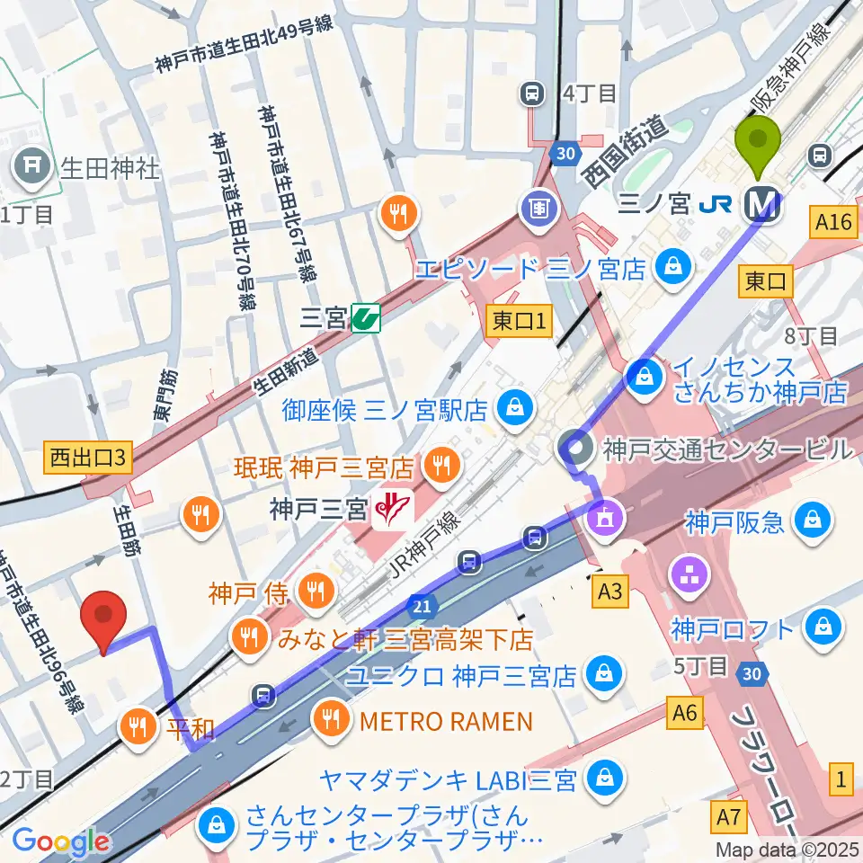 三ノ宮駅から三宮Studio246 WESTへのルートマップ地図