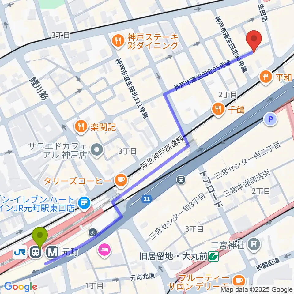 元町駅から三宮Studio246 WESTへのルートマップ地図