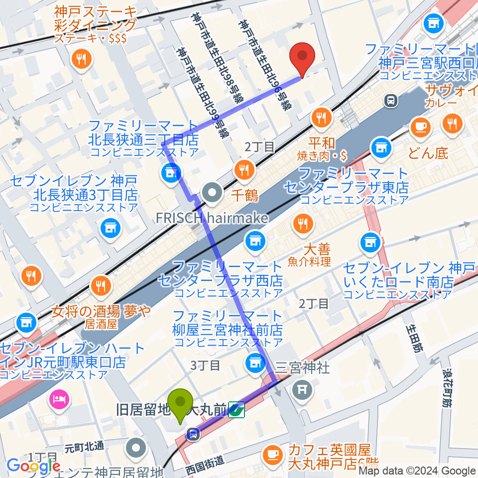 三宮Studio246 WESTの最寄駅旧居留地・大丸前駅からの徒歩ルート（約6分）地図