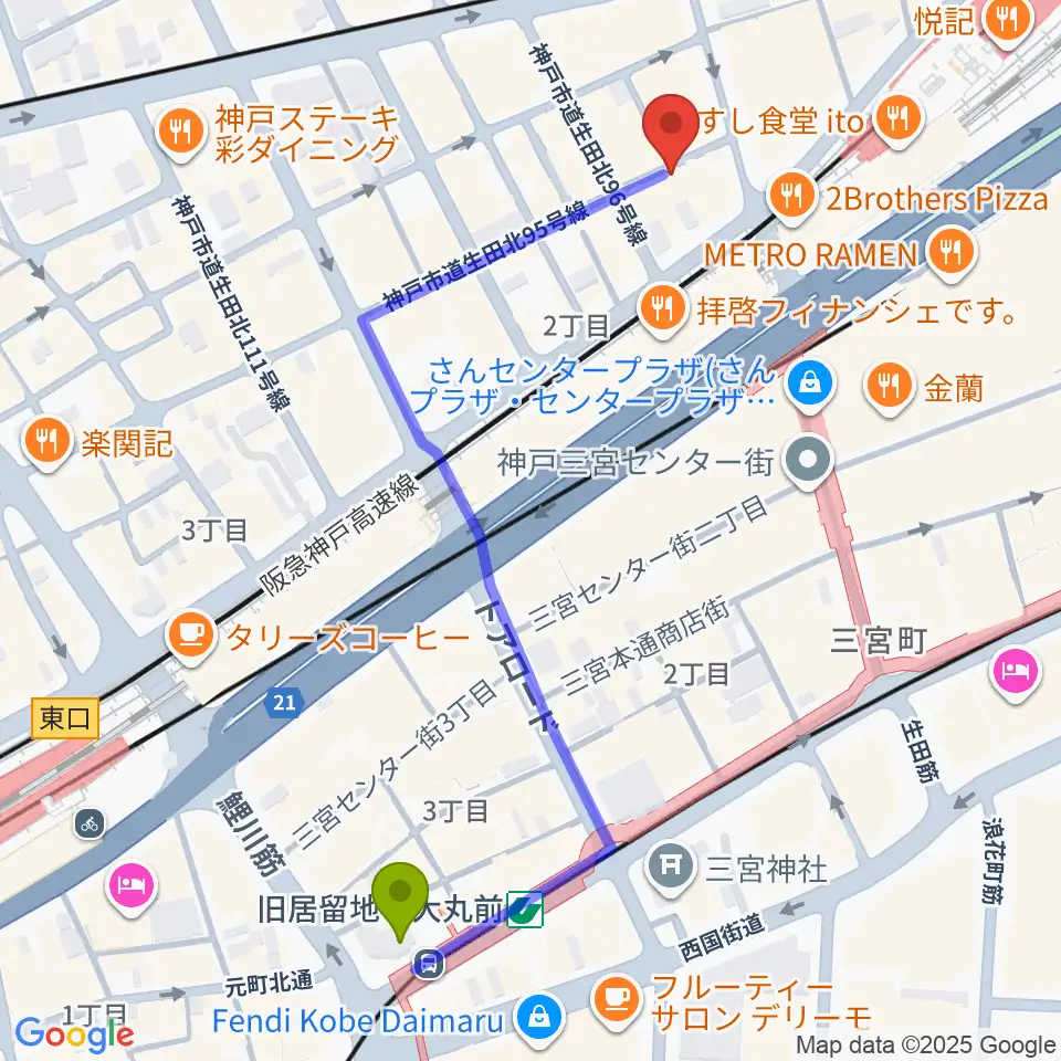 三宮Studio246 WESTの最寄駅旧居留地・大丸前駅からの徒歩ルート（約6分）地図
