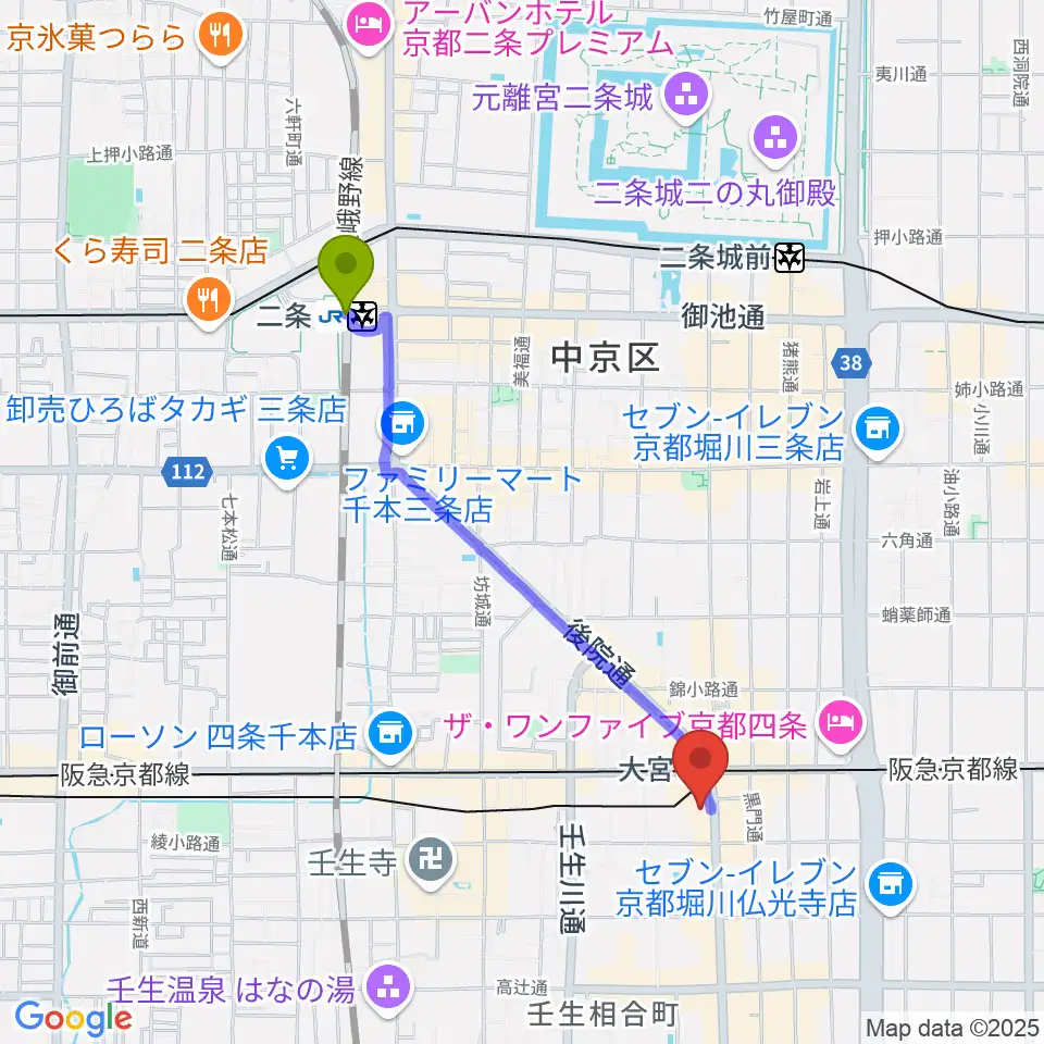 二条駅からStudio246 KYOTOへのルートマップ地図