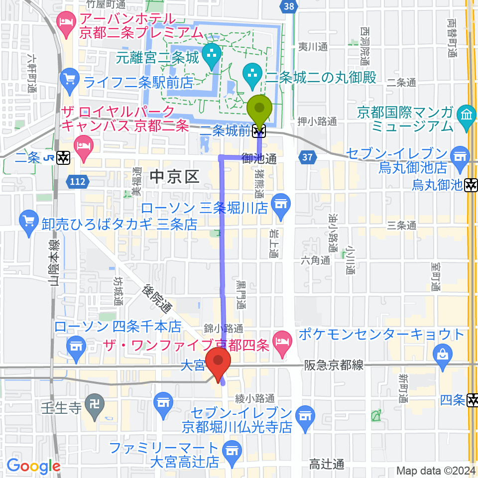二条城前駅からStudio246 KYOTOへのルートマップ地図