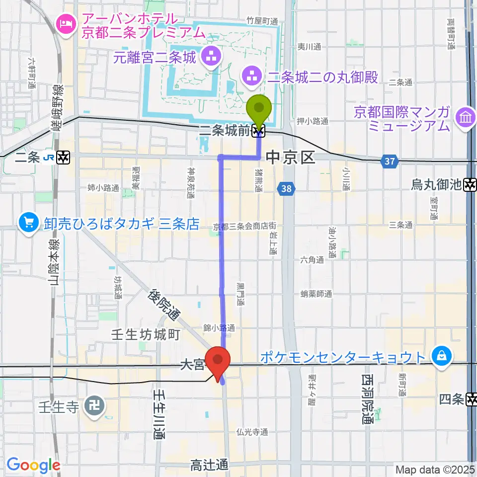 二条城前駅からStudio246 KYOTOへのルートマップ地図