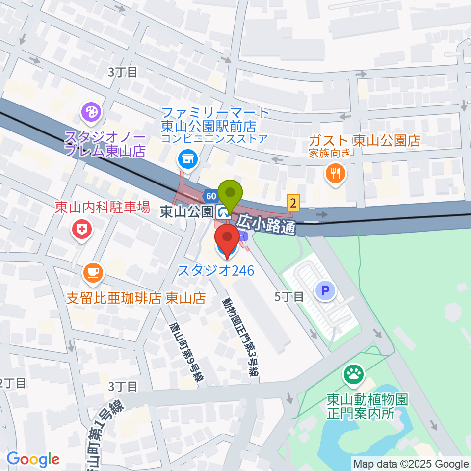 スタジオ246 NAGOYAの最寄駅東山公園駅からの徒歩ルート（約1分）地図