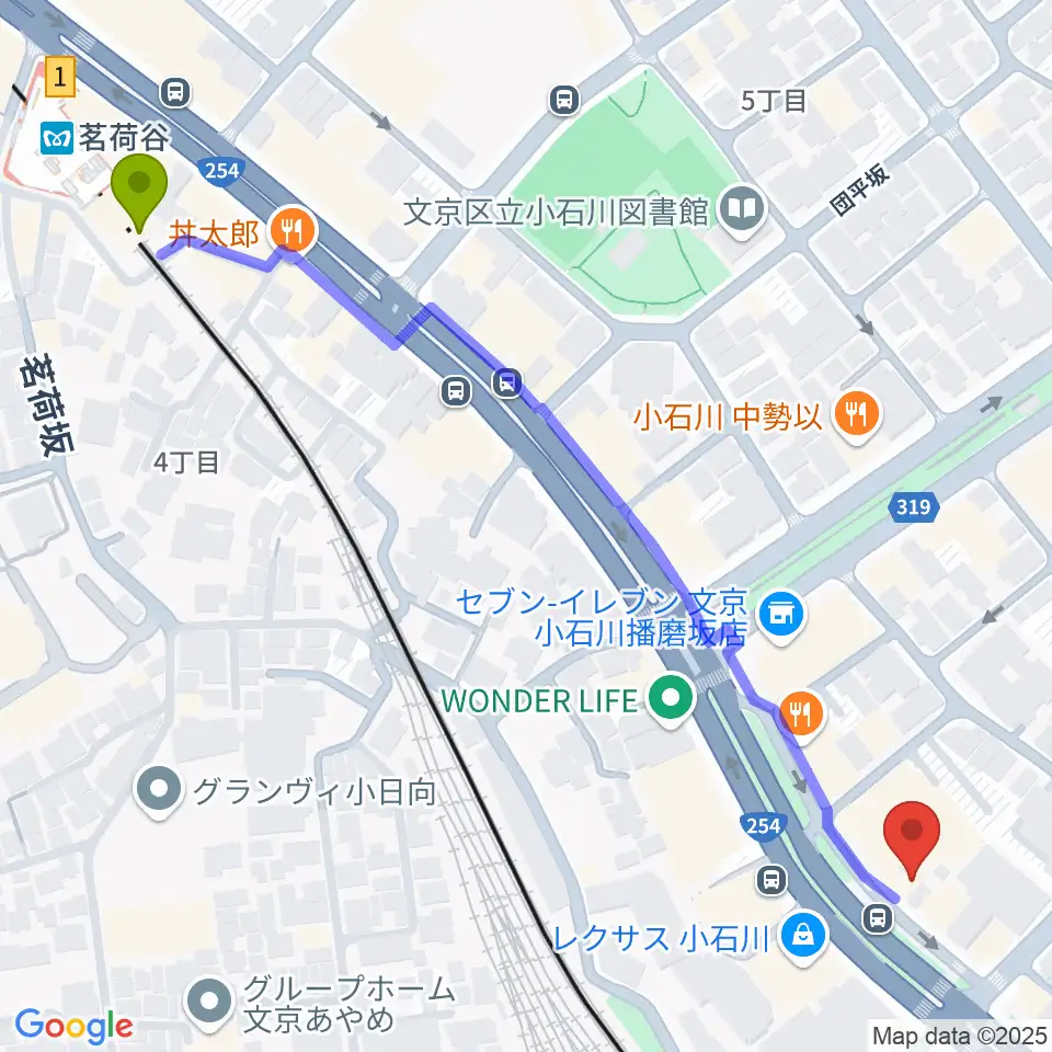 コムコムミュージックスクールの最寄駅茗荷谷駅からの徒歩ルート（約7分）地図