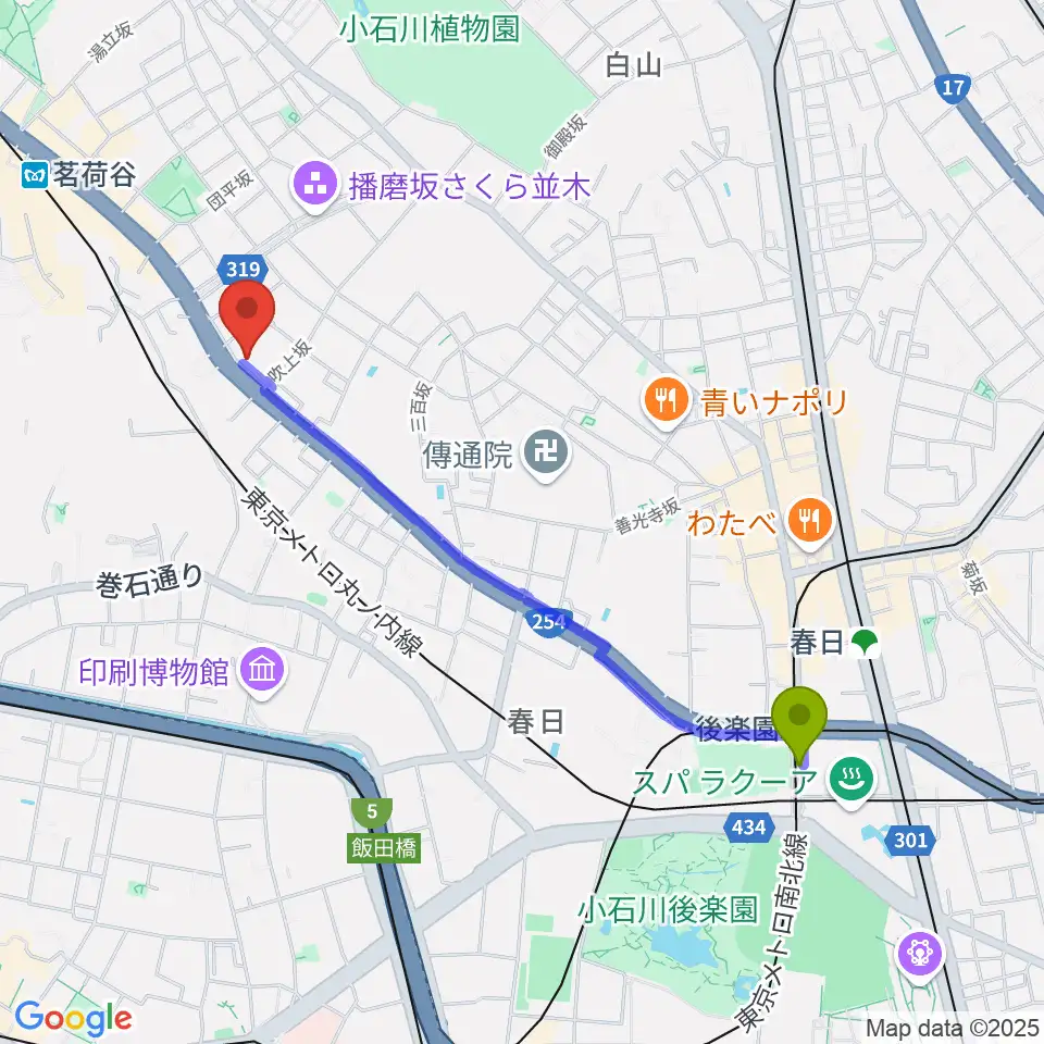 後楽園駅からコムコムミュージックスクールへのルートマップ地図