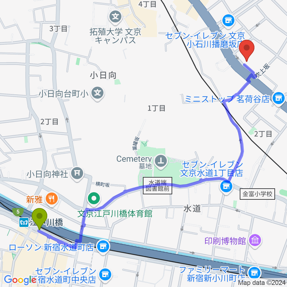 江戸川橋駅からコムコムミュージックスクールへのルートマップ地図