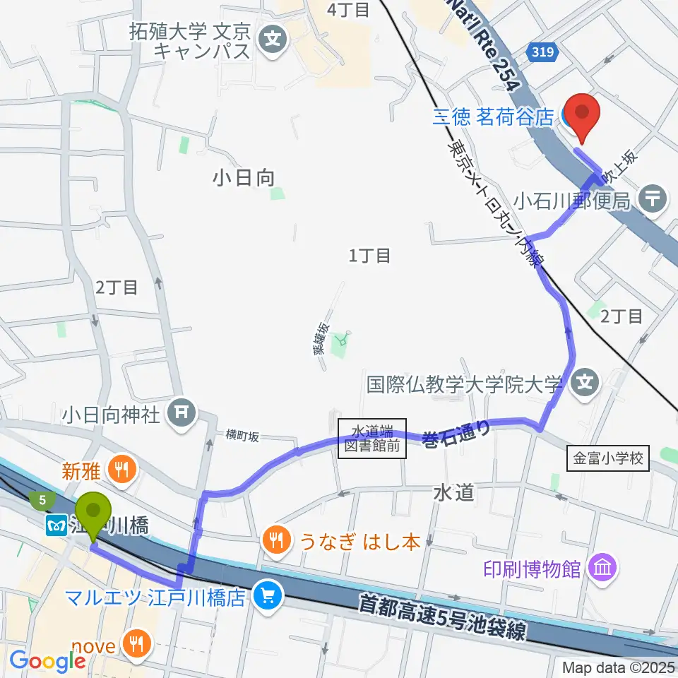 江戸川橋駅からコムコムミュージックスクールへのルートマップ地図