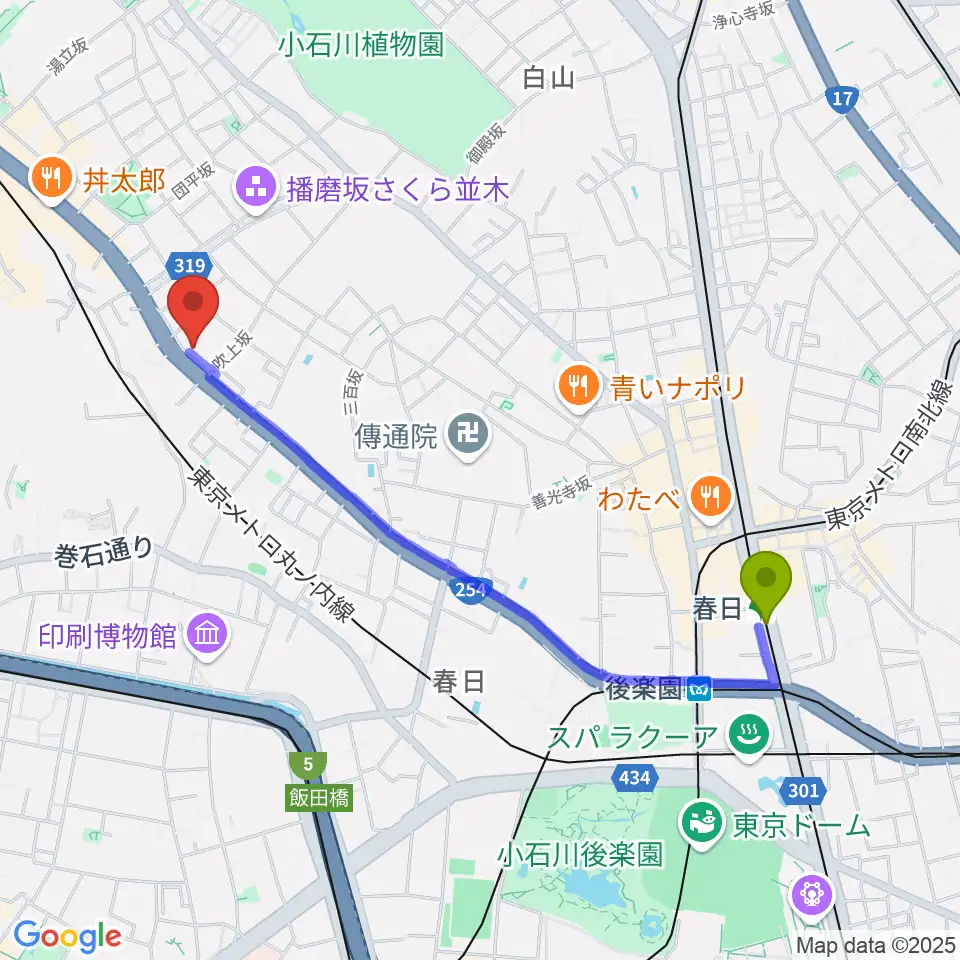 春日駅からコムコムミュージックスクールへのルートマップ地図