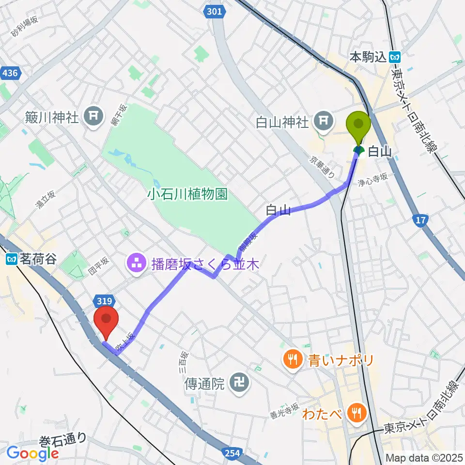 白山駅からコムコムミュージックスクールへのルートマップ地図