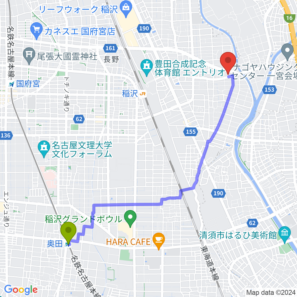 奥田駅からフレンズ音楽院へのルートマップ地図