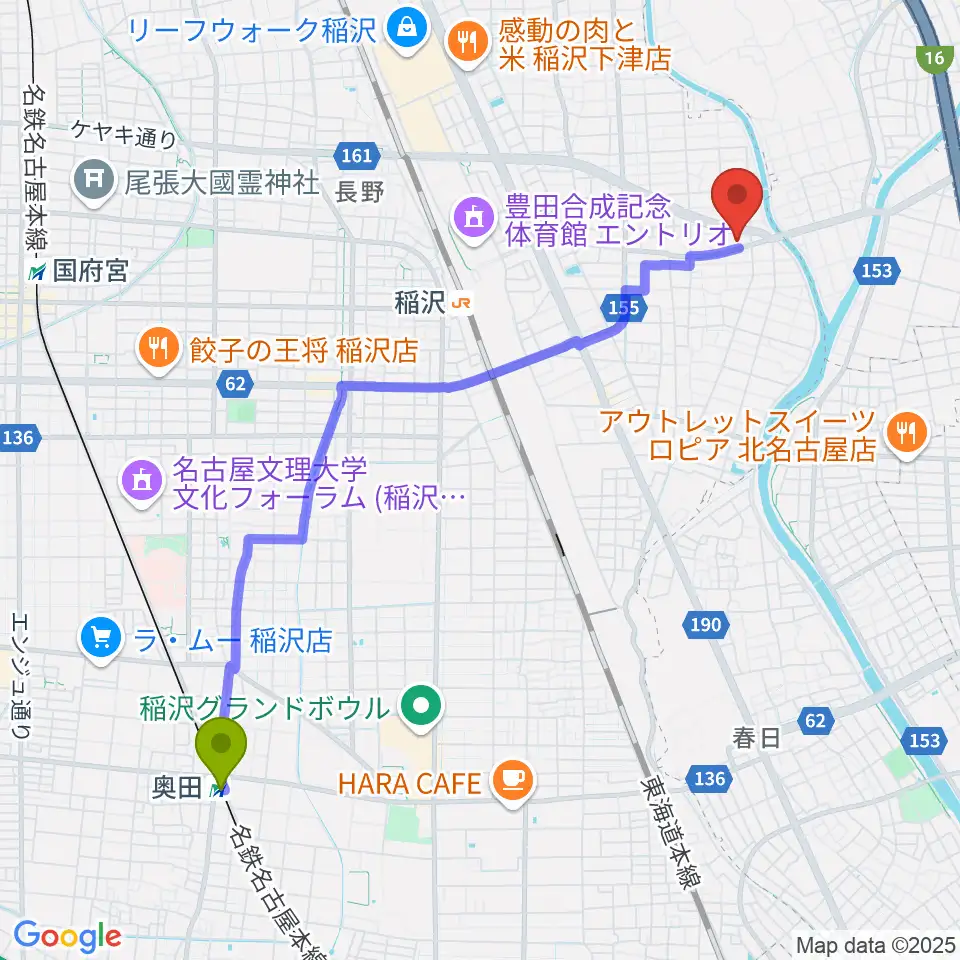 奥田駅からフレンズ音楽院へのルートマップ地図