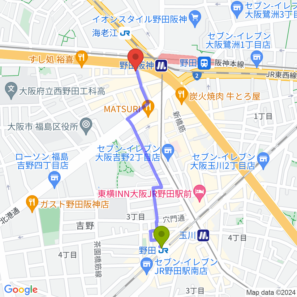 野田駅からSTUDIO JBLへのルートマップ地図