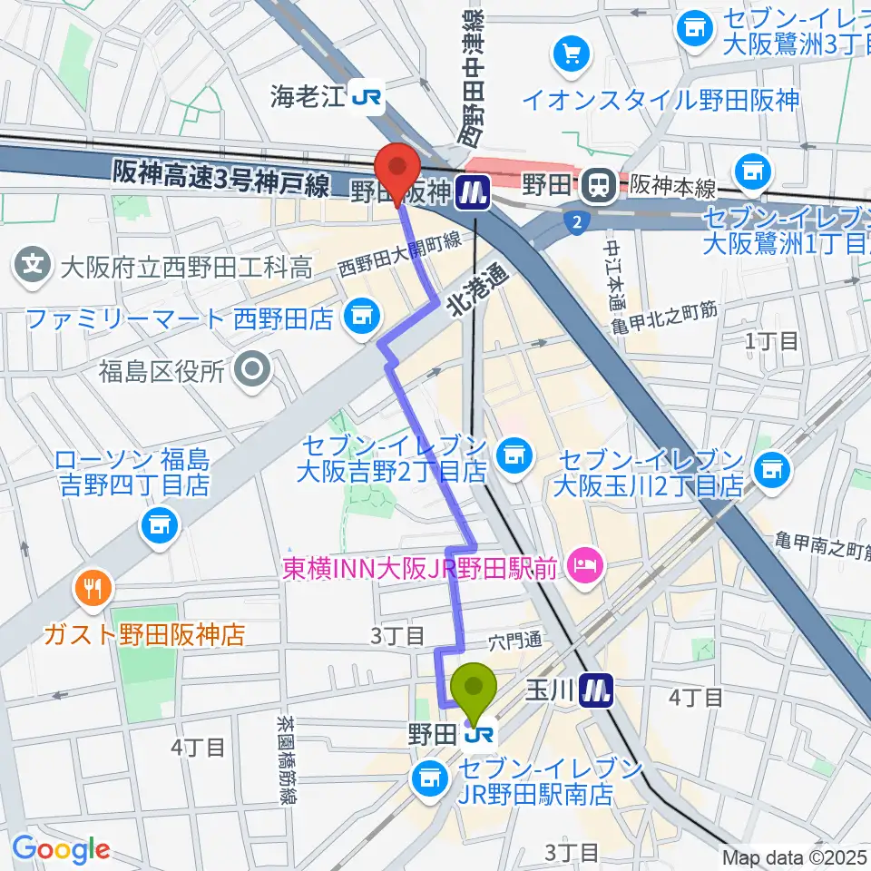 野田駅からSTUDIO JBLへのルートマップ地図