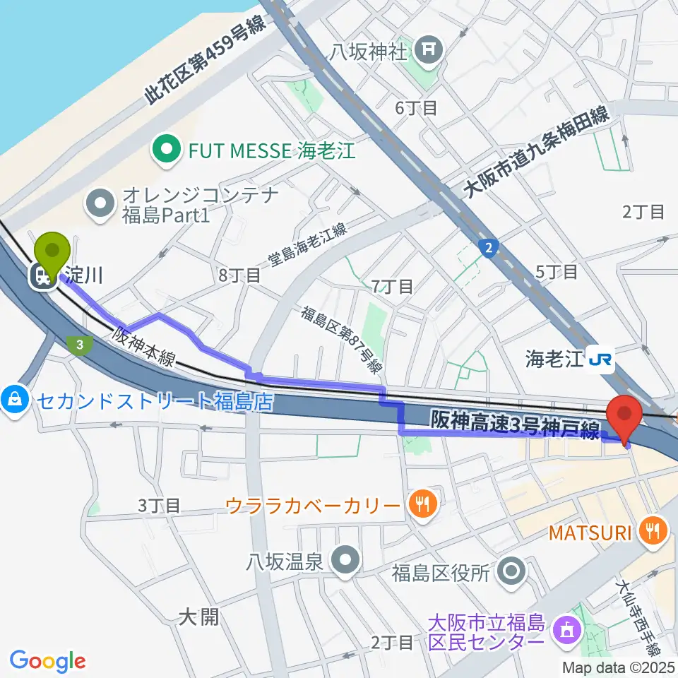 淀川駅からSTUDIO JBLへのルートマップ地図