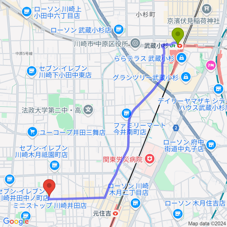 武蔵小杉駅からムールドラムスへのルートマップ地図