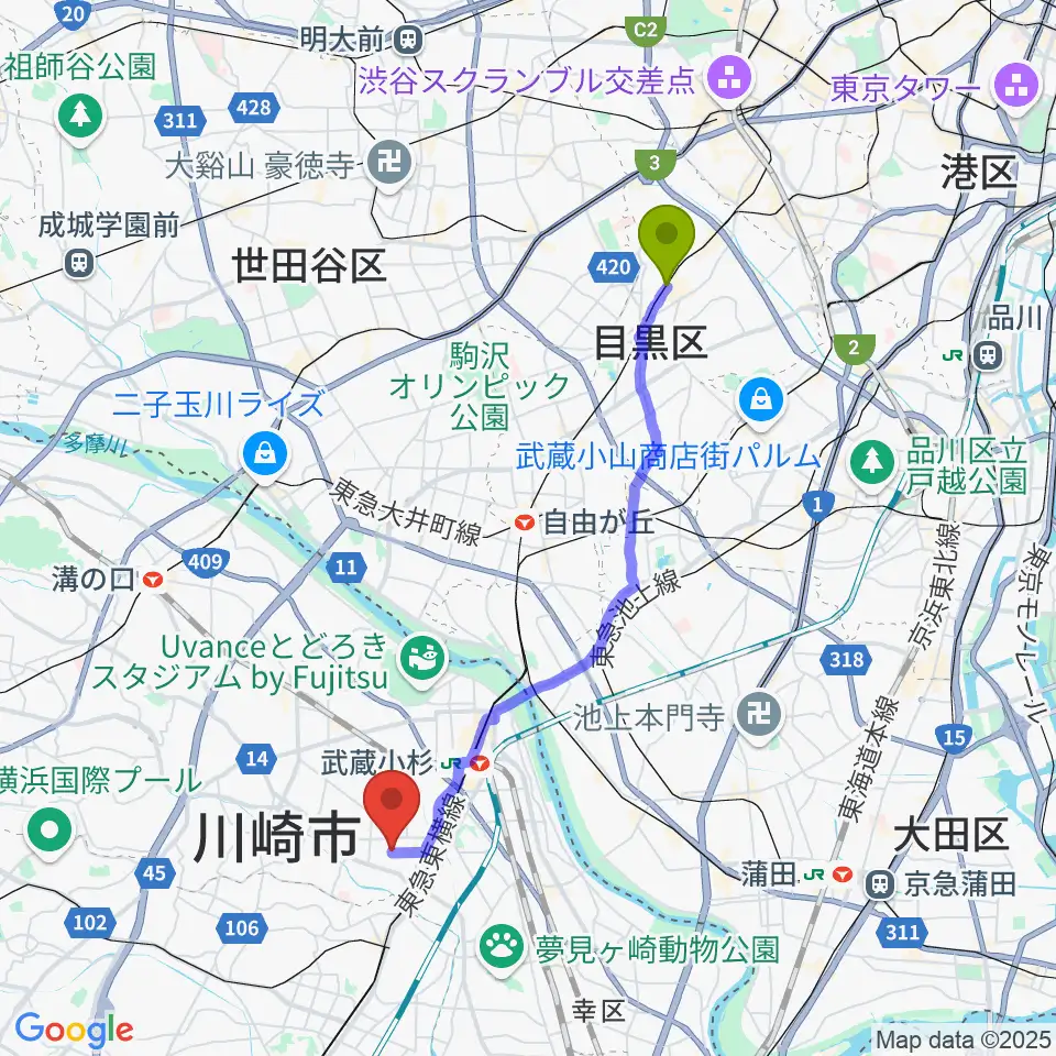 祐天寺駅からムールドラムスへのルートマップ地図