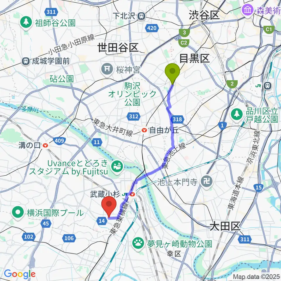 学芸大学駅からムールドラムスへのルートマップ地図