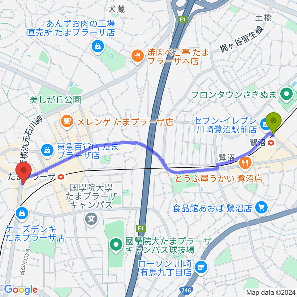 鷺沼駅からグレースハープ横浜たまプラーザ店へのルートマップ地図