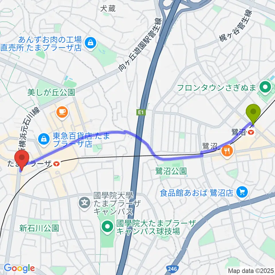 鷺沼駅からグレースハープ横浜たまプラーザ店へのルートマップ地図