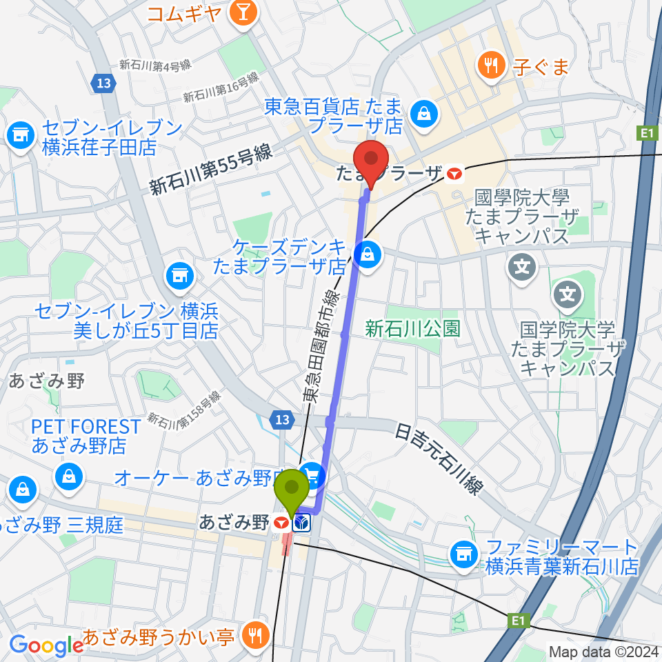 あざみ野駅からグレースハープ横浜たまプラーザ店へのルートマップ地図