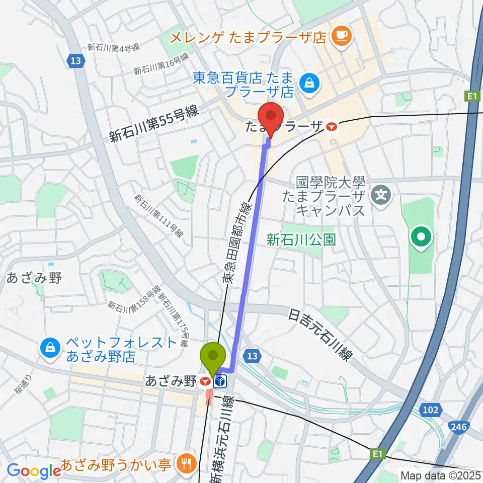 あざみ野駅からグレースハープ横浜たまプラーザ店へのルートマップ地図