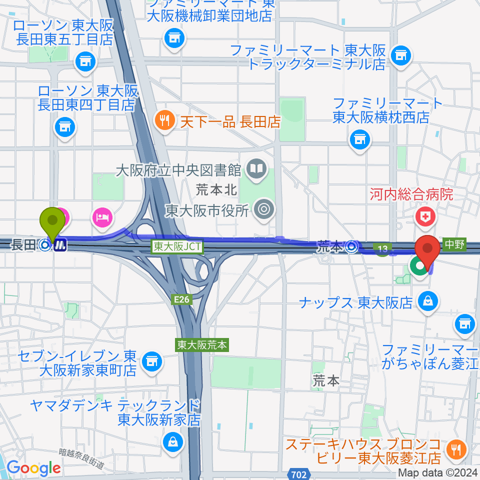 長田駅からスタジオジャンクサウンドへのルートマップ地図