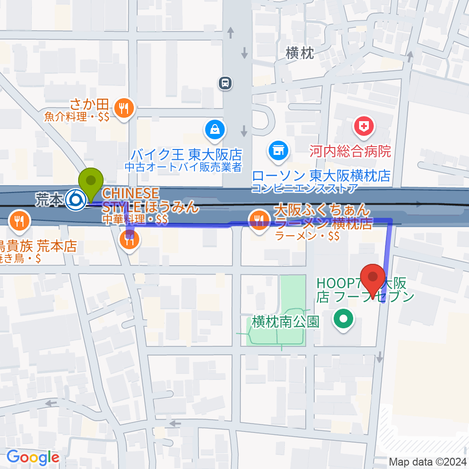 スタジオジャンクサウンドの最寄駅荒本駅からの徒歩ルート（約5分）地図