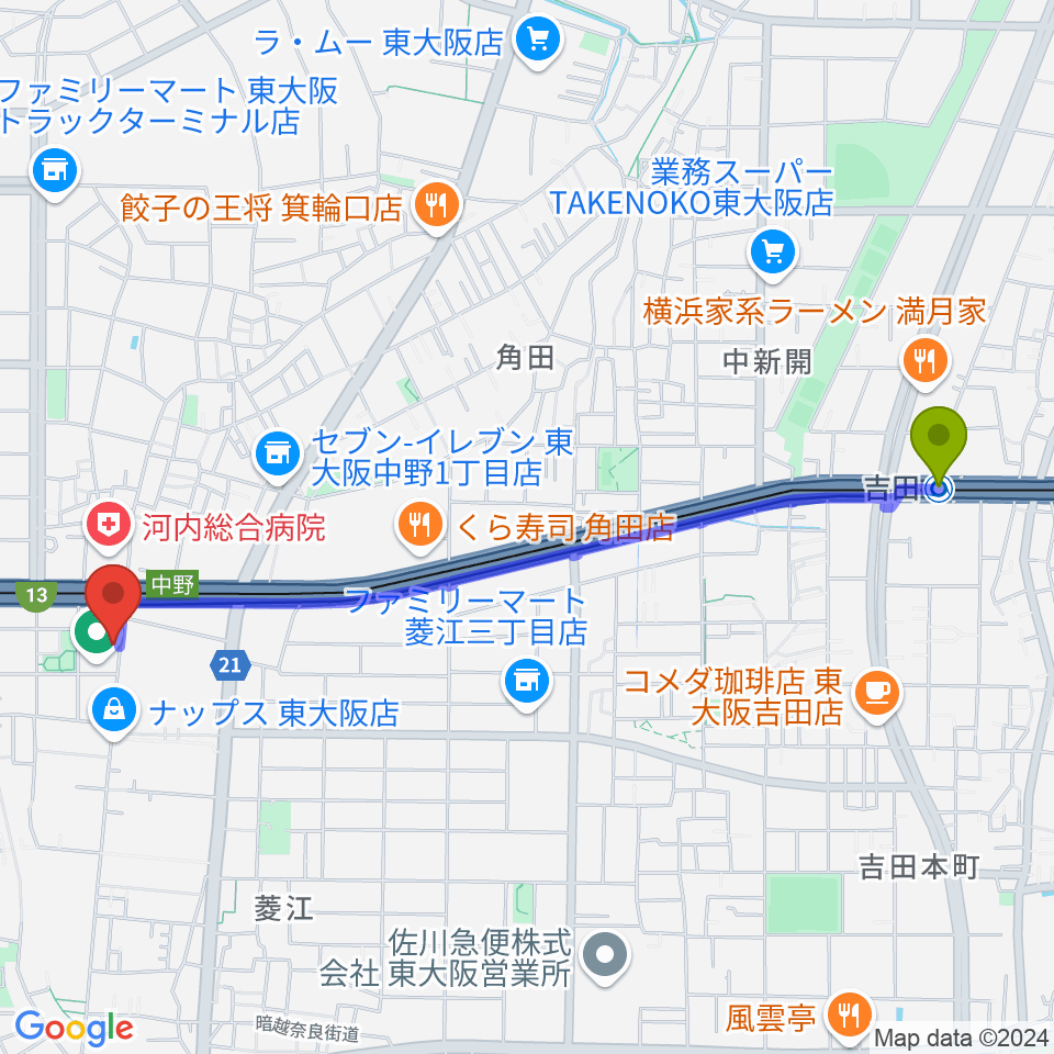 吉田駅からスタジオジャンクサウンドへのルートマップ地図