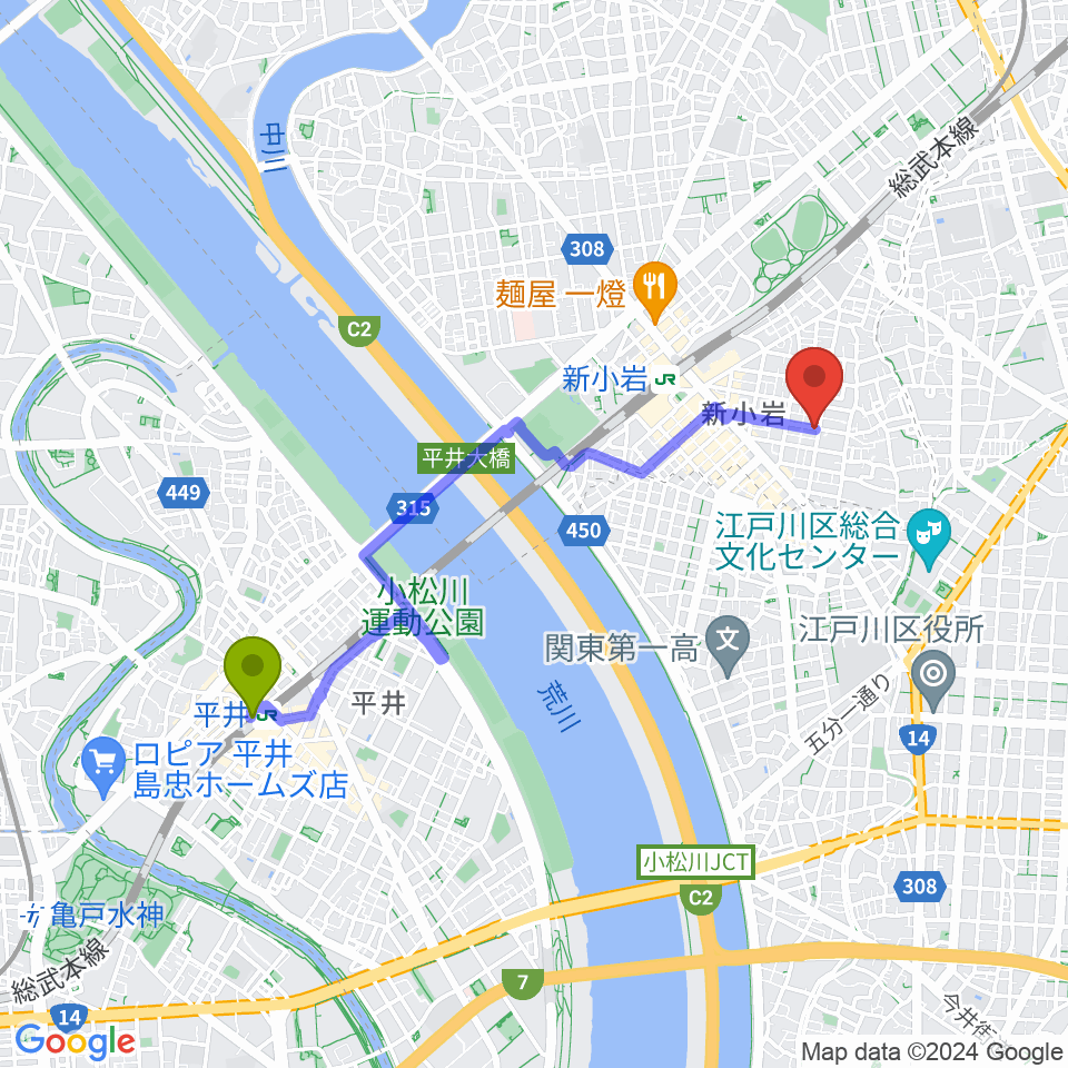 平井駅から新小岩BOTTON CLUBへのルートマップ地図