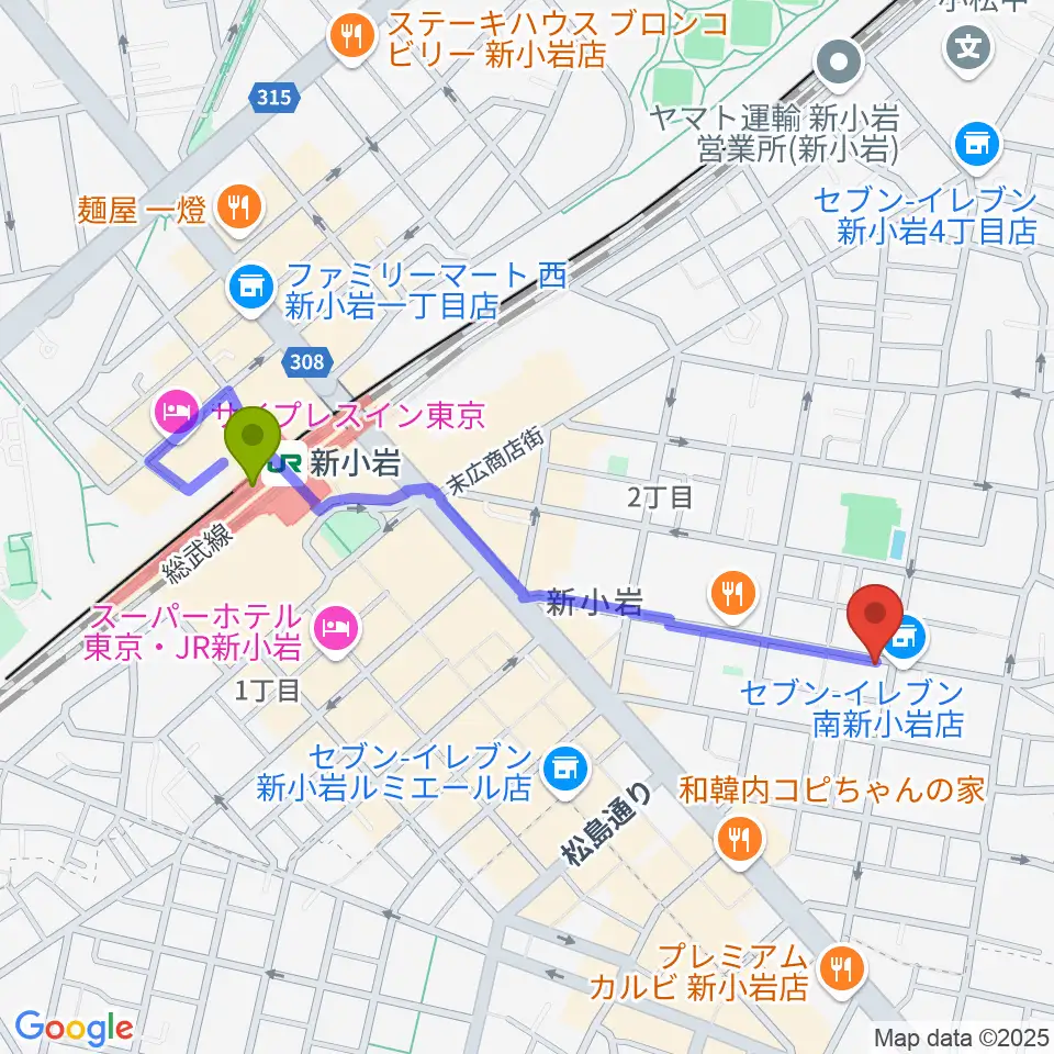 新小岩BOTTON CLUBの最寄駅新小岩駅からの徒歩ルート（約10分）地図