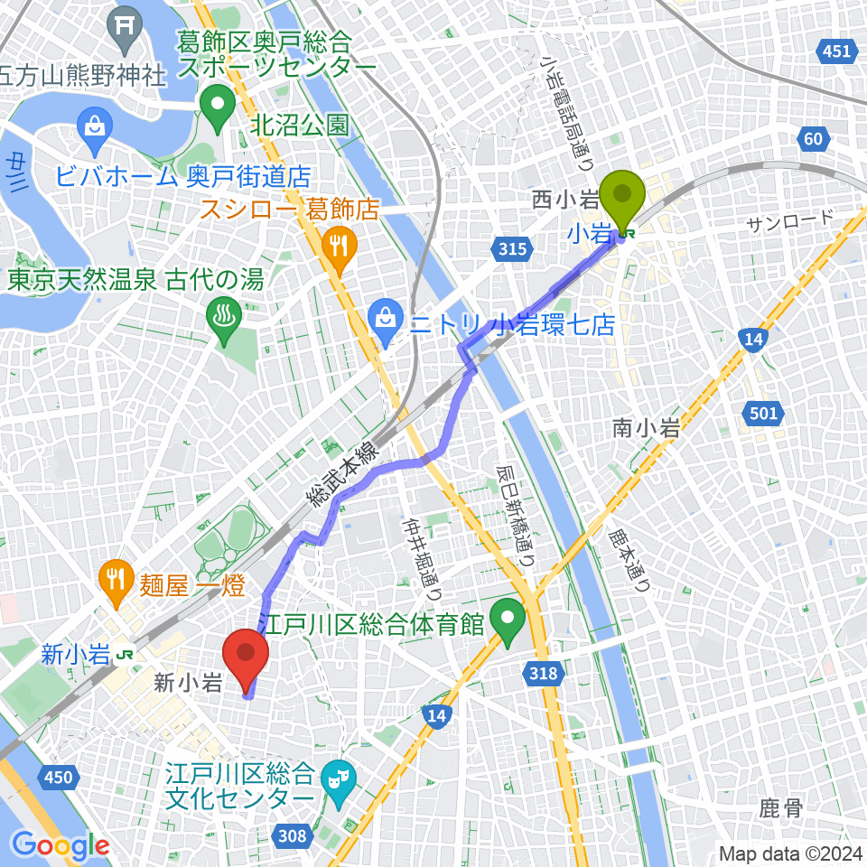 小岩駅から新小岩BOTTON CLUBへのルートマップ地図